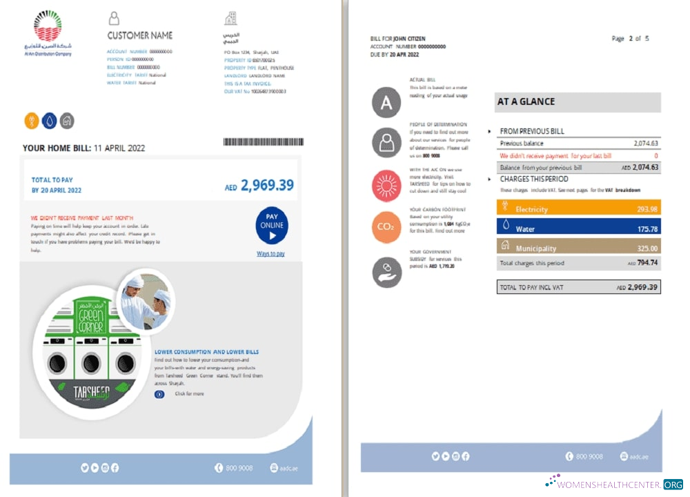 download UAE Sharjah Al Ain Distribution Co. Word and PDF utility bill template (5 pages) 1 2 PDF template